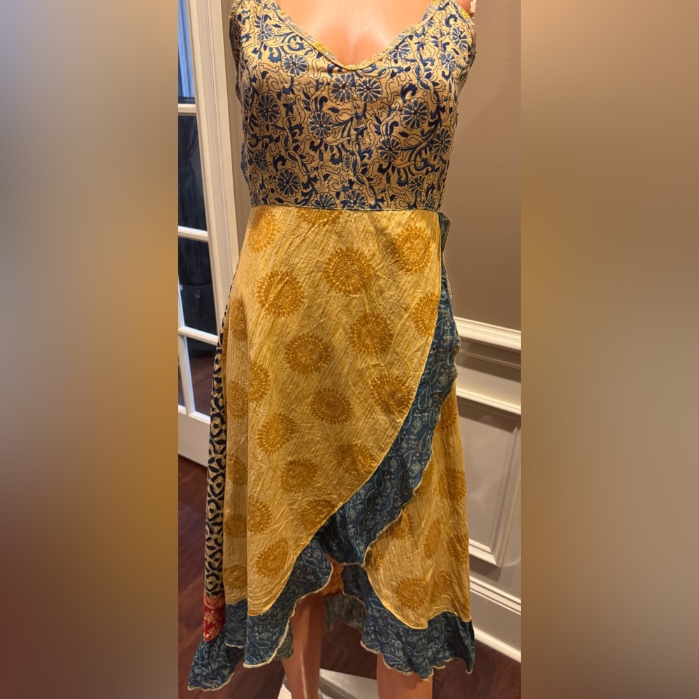 Boho High-Low Yellow and Teal Tiered Sundress - Picture 8 of 10